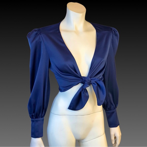WAYF Navy Blue Satin Tie Front Cropped Shirt Jacket M NWT - Picture 8 of 10